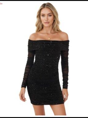 Sexy Sequin Mesh Off Shoulder Long Sleeve Ruched Mini Bodycon Club Party Dress